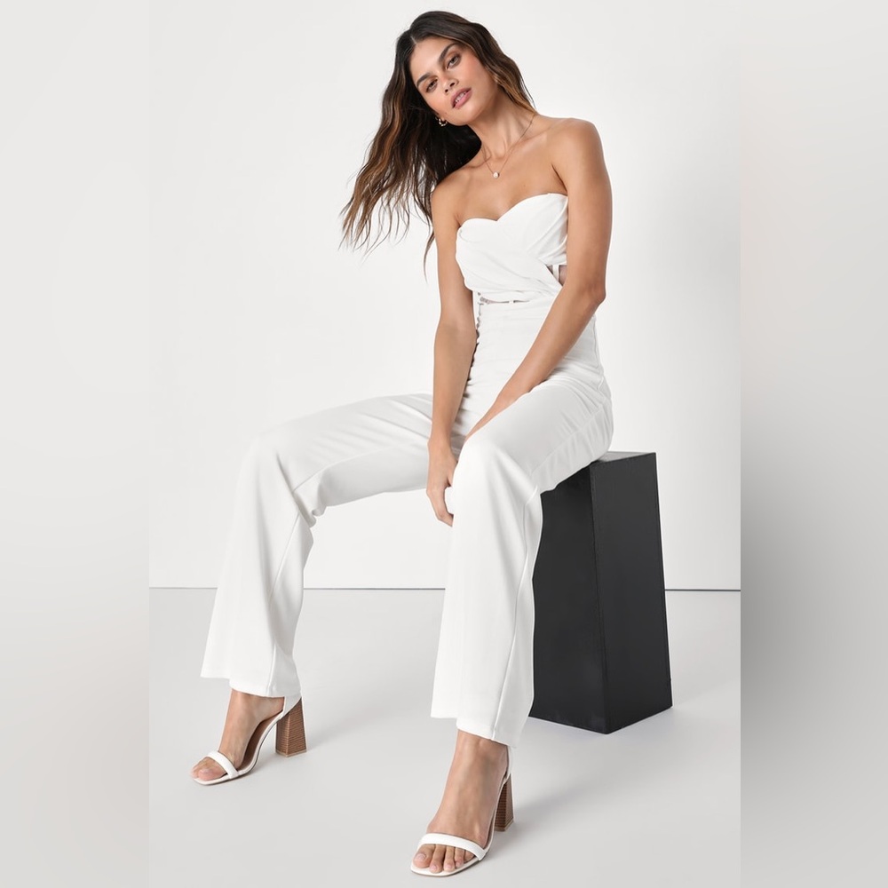 Lulus-Surely Stunning Ivory Strapless Bustier Jumpsuit - Small